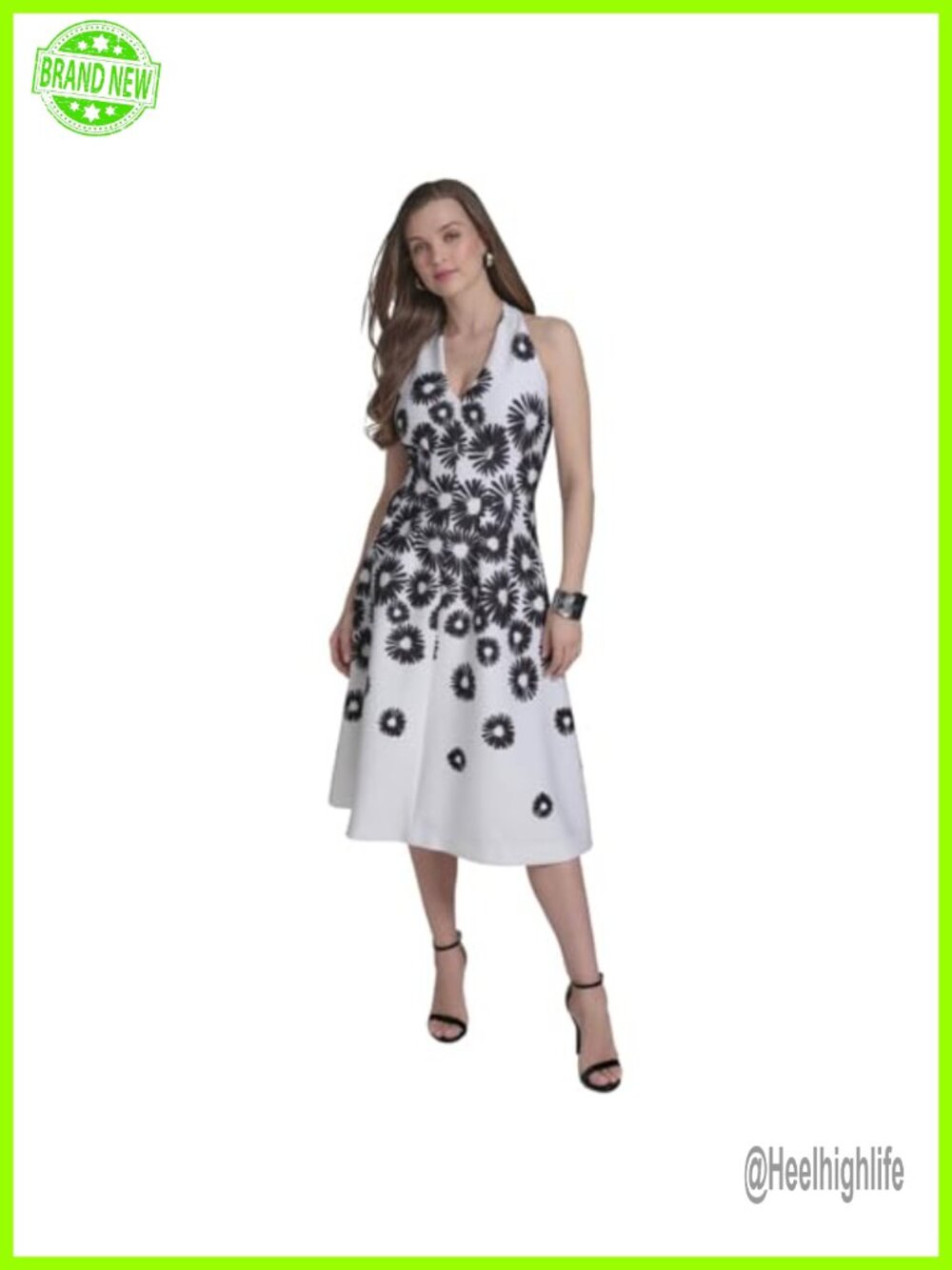 Sleeveless Faux Halter Sunflower Printed Fit and Flare Midi Dress
